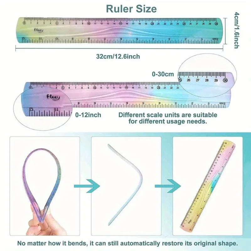 Colourful Student Flexible Ruler, Inch And Metric, 30 Cm/12 Inch, 20 Cm/8 Inch, 15 Cm/6 Inch, Random Colors Student Stationary
