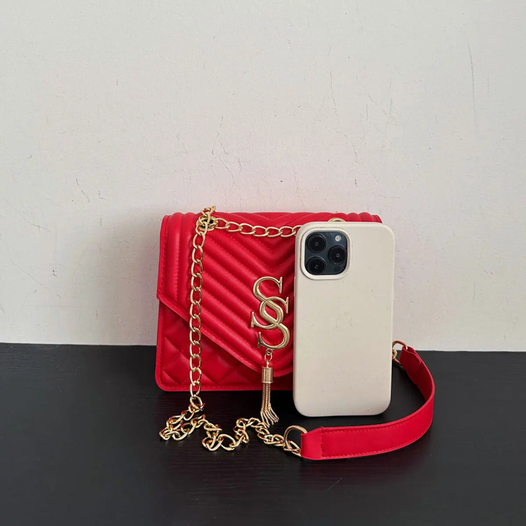 Elegant and Fashionable Argyle Quilted Chain Small Square Bag Metal Letter Tassel Diagonal Cross Bag Commuter Shoulder Bag