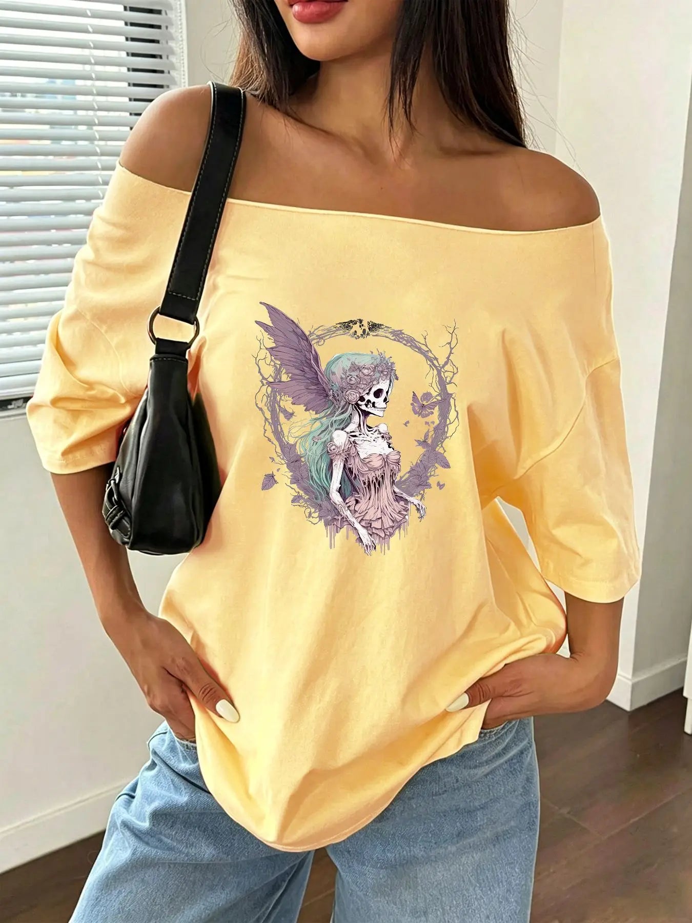 100% Cotton Plus Size Fairy Skeleton Floral Shoulder Loose Print T-Shirt Oversized Y2K Style Graphic Tees Women Tops Summer O