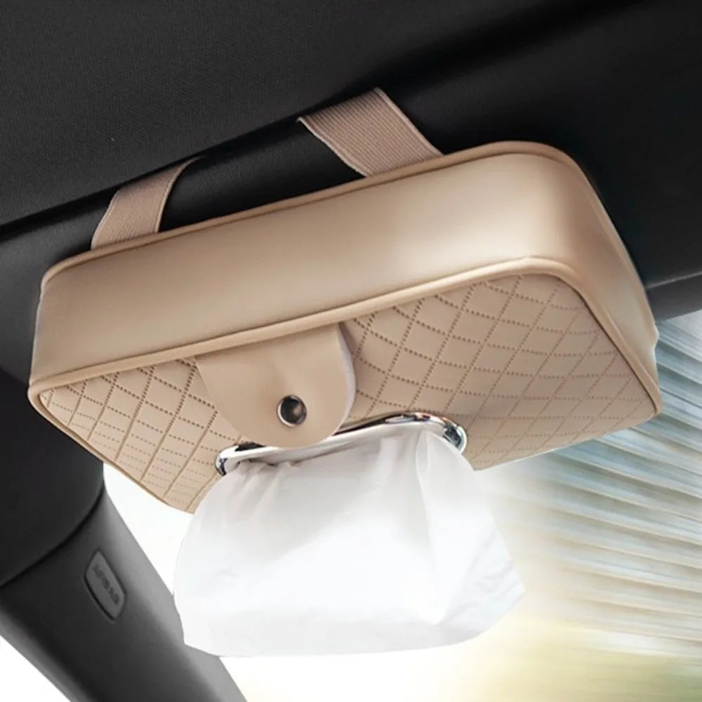 Thickened Car Visor Tissue Box Multi-Functional PU Leather Car Center Console Tissue Dispenser Space Saving with Glasses Clip