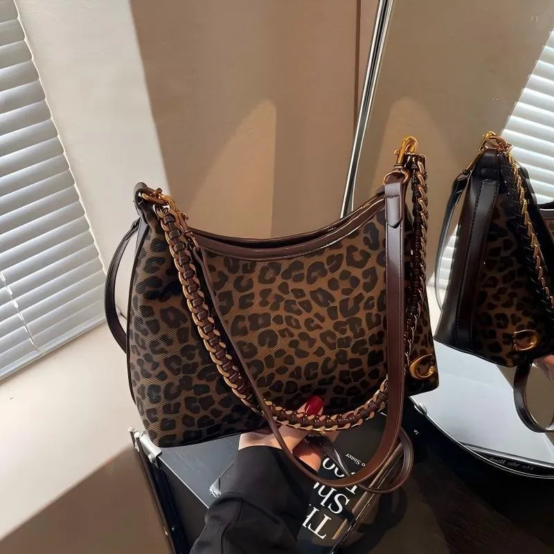 Y2K leopard print shoulder bag for women, 2026 new model, high-end style, underarm bag with adjustable chain strap,crossbody bag