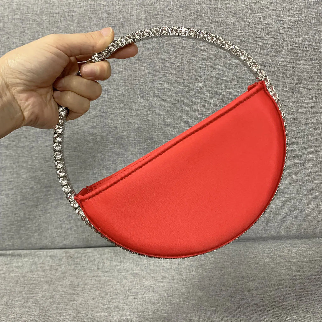 New Arrival Trendy Women Chic Round Satin Crossbody Hand Bag with Round Bling Crystal Handle Evening Party Bag Purse