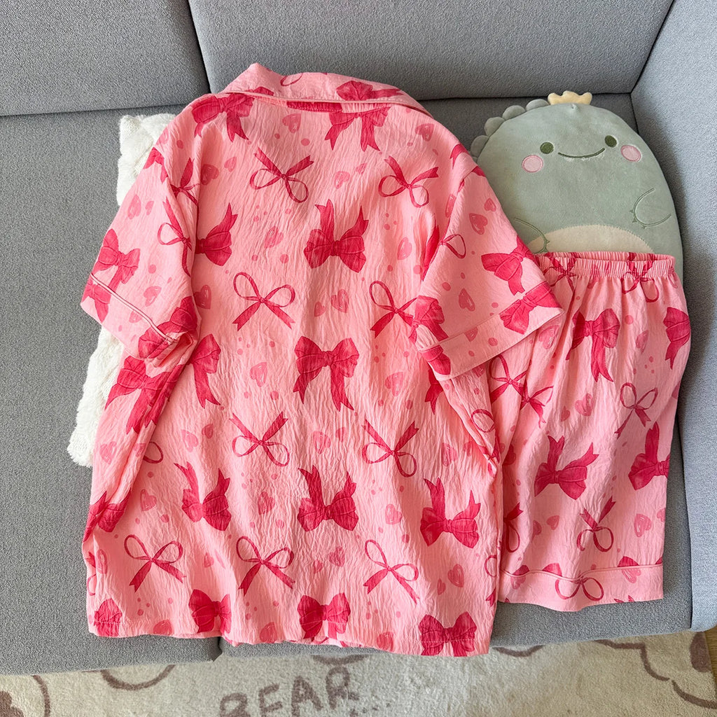 Women's Summer Pajamas, Thin Style with Bow Pattern, Short-Sleeved Shorts, Sweet and Cute, Can Be Worn Outside in Summer, Two-Piece Home Wear Set