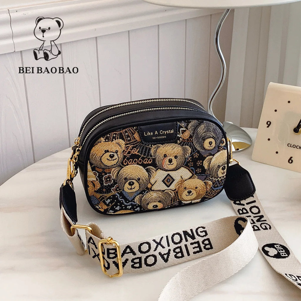 Beibaobao 2025 Summer New Canvas Fashion Women's Bag Bear Single Shoulder Crossbody Bag Casual Women's Bag
