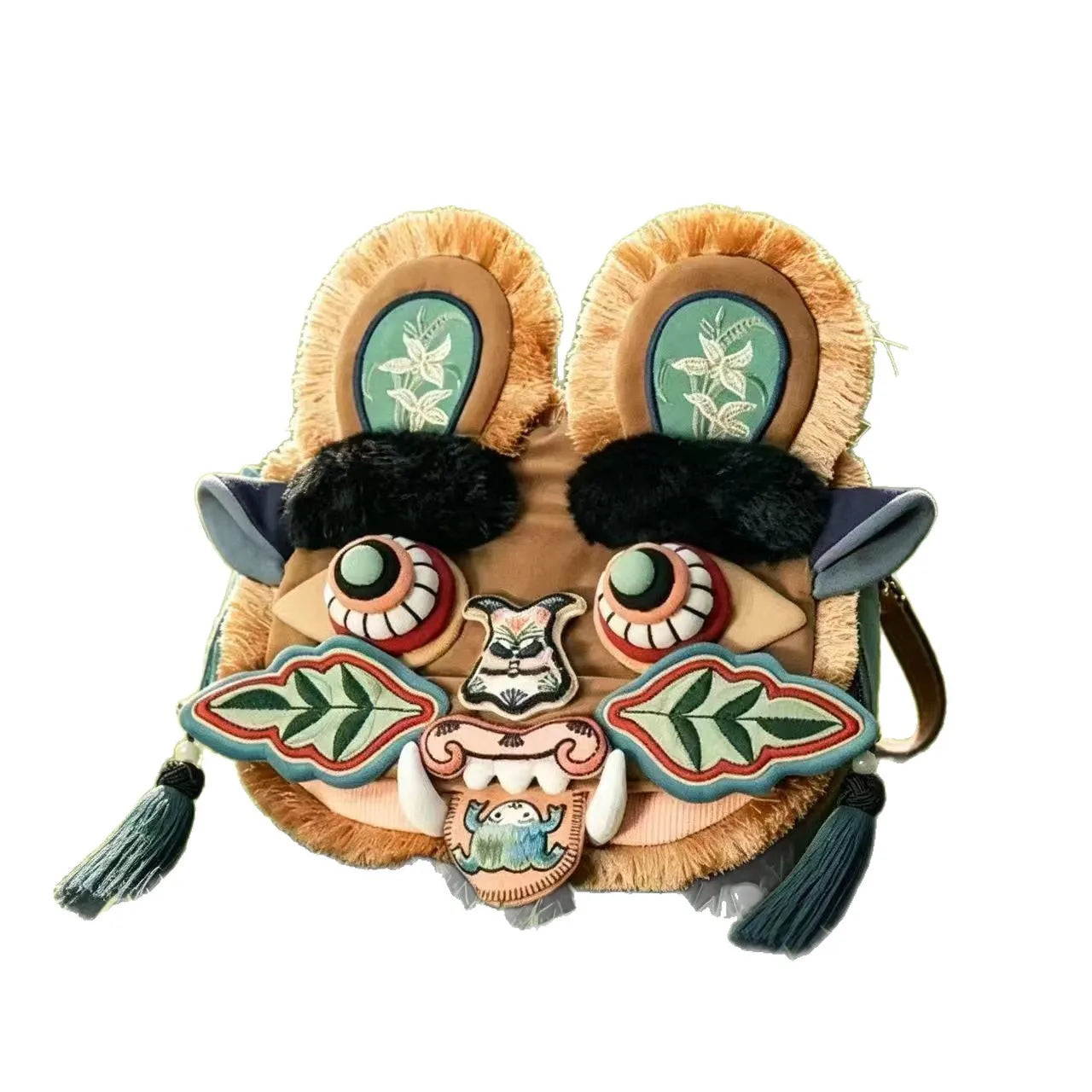 Chinese Folk 3D Tiger Head Crossbody Bag Plush Splicing Embroidered Shoulder Purse Tassel Decor National Trend Handbag for Hanfu