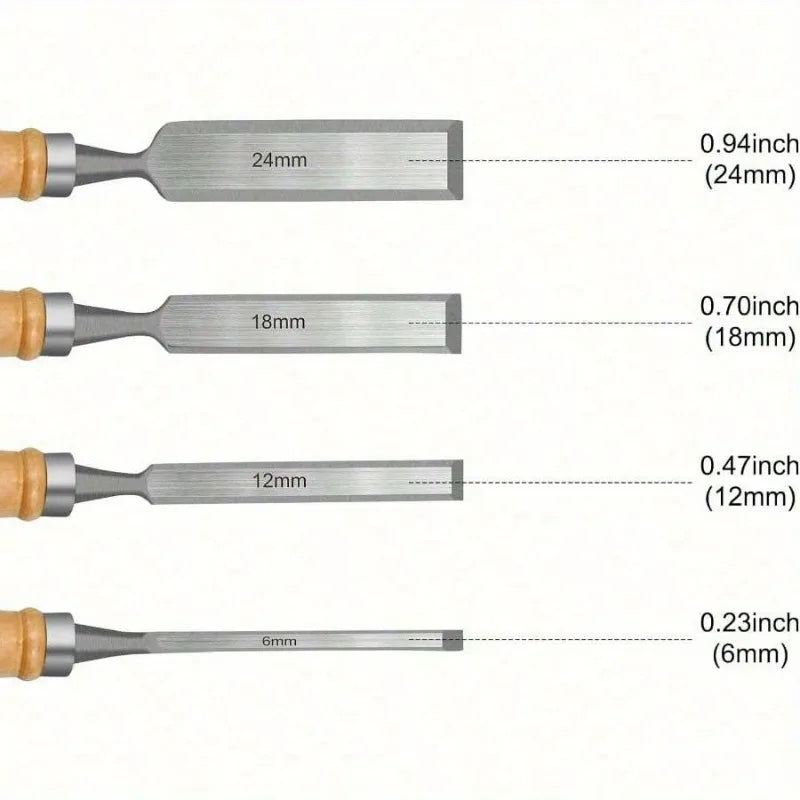 4Pcs Wood Carving Chisels Set Professional for Woodworking - 6/12/18/24mm Comfortable Beech Handle Wood Chisel with Wood Handles