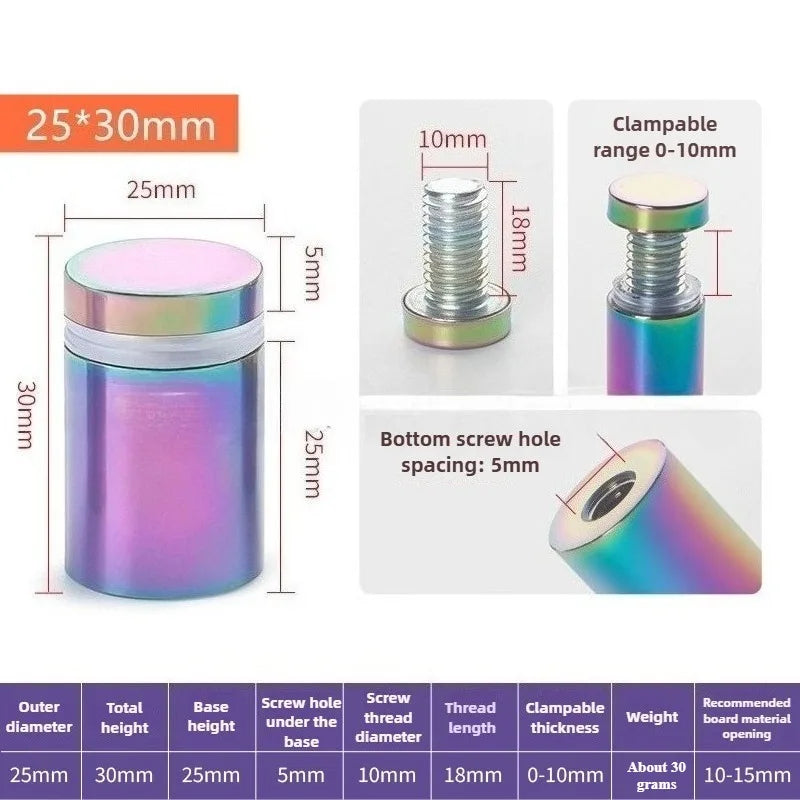 4Pcs Rainbow acrylic Picture Frame Glass Sign Standoff Nail Wall Mount Standoff Holder Stainless Steel Advertise Fixing Screw