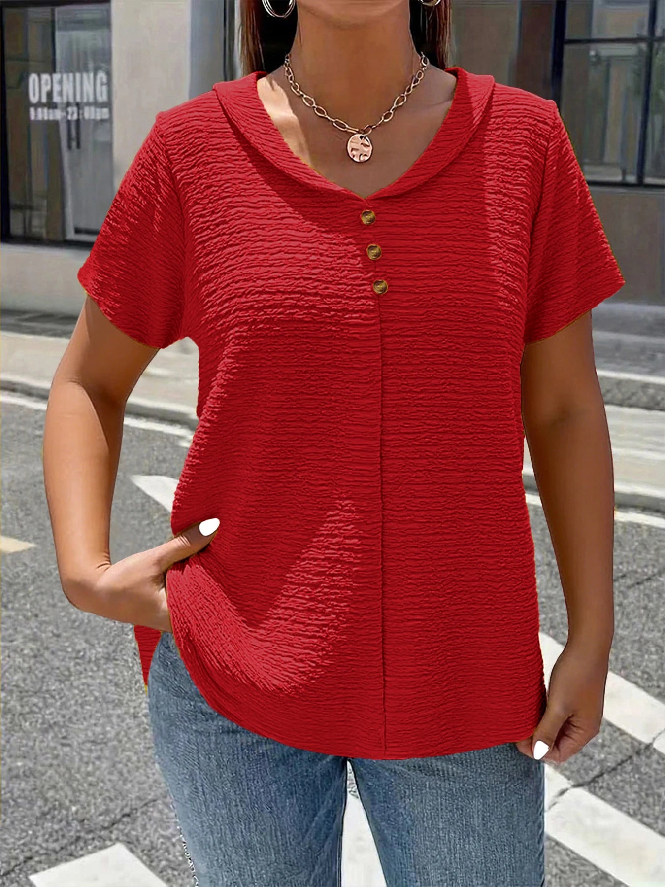 Plus size spring and summer new fashionable elegant pure color textured fabric buttoned doll neck short sleeve multi-scene match