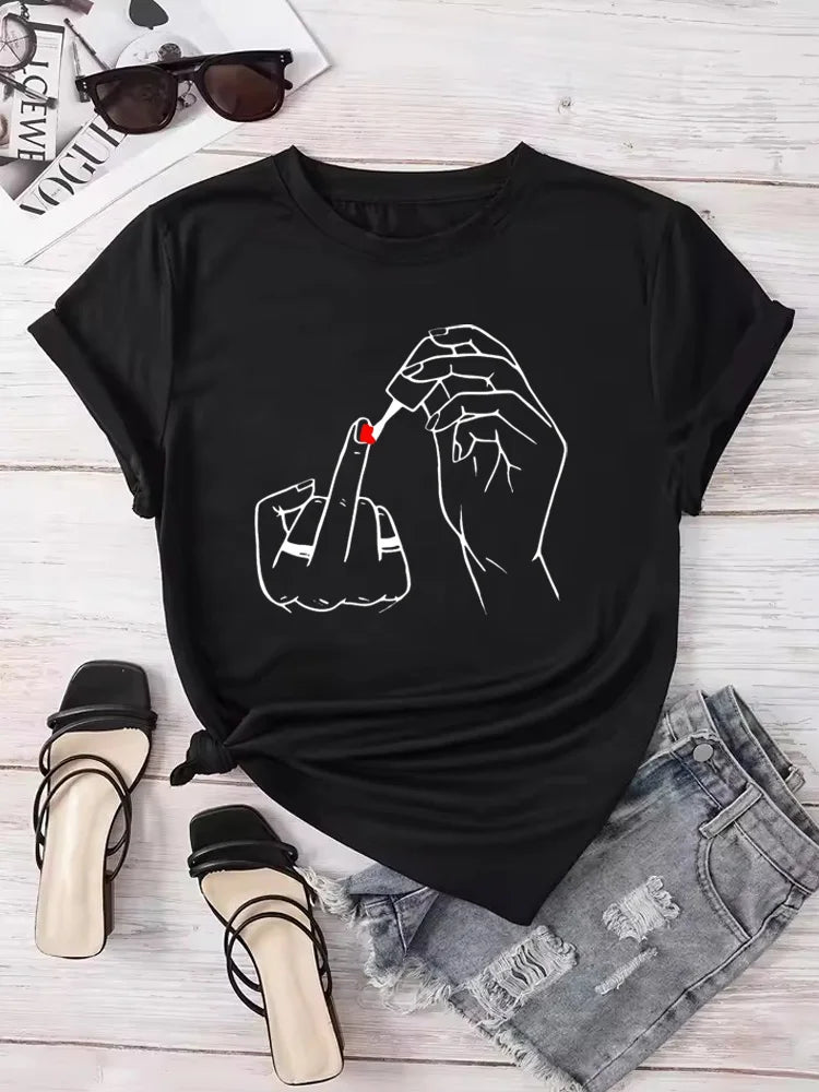 Summer Comfortable Soft Short Sleeve O-Neck Tops Casual Female Clothes Women Middle Finger Nail Polish Prints T Shirt