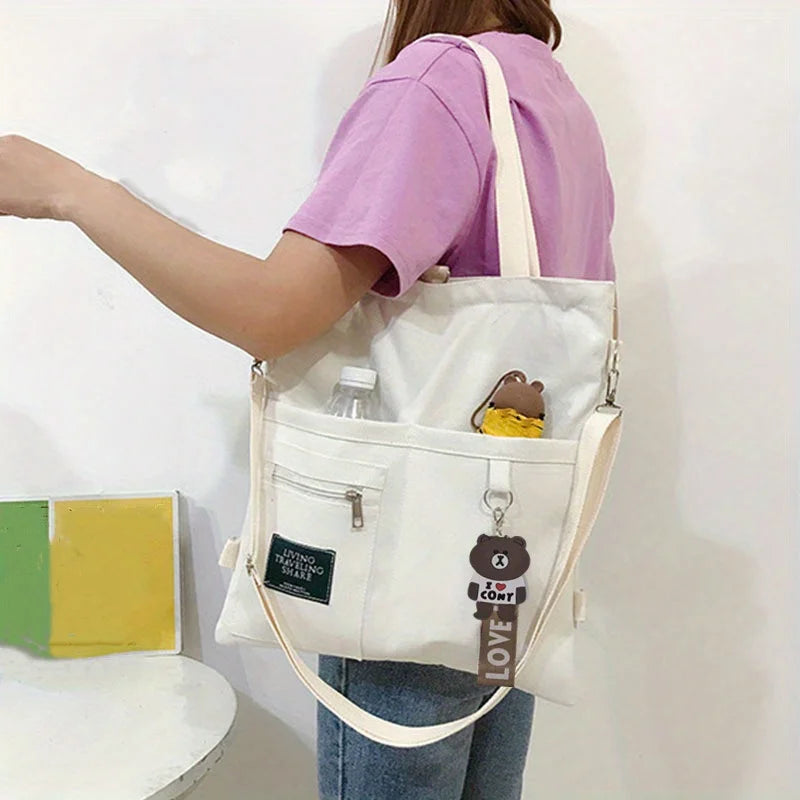 Canvas Shoulder Bag, Women's Fashion Letter Patch Decor Handbag Versatile Backpack