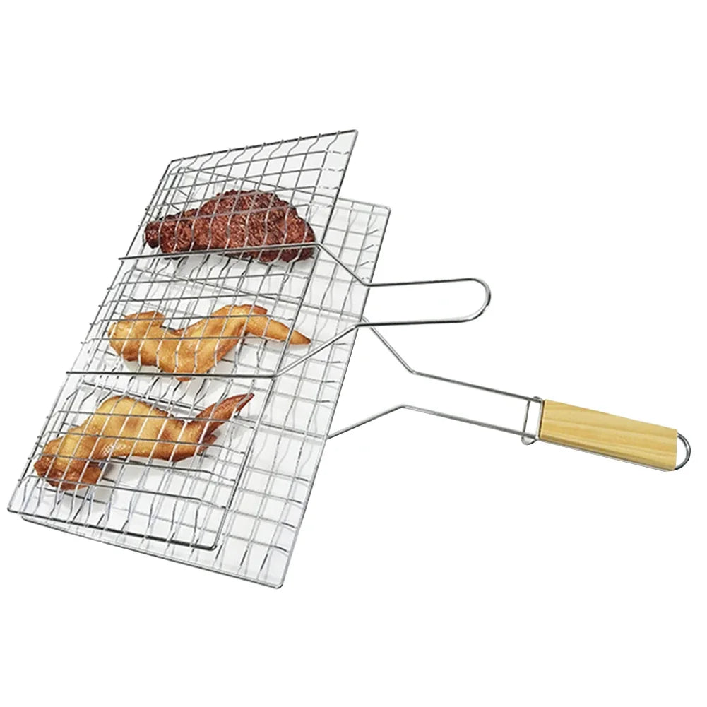 Folding Portable Outdoor Camping Stainless Steel BBQ Rack with Removable Handle Grilling Basket Barbeque Griller Cooking Tools