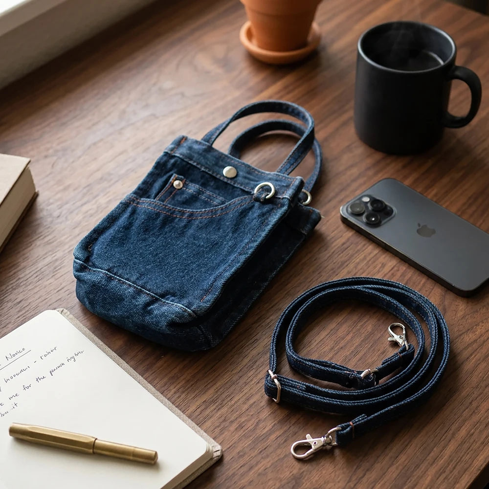 Stylish denim women’s bag: an elegant crossbody clutch, a minimalist phone and key pouch, a trendy denim purse, perfect for youn