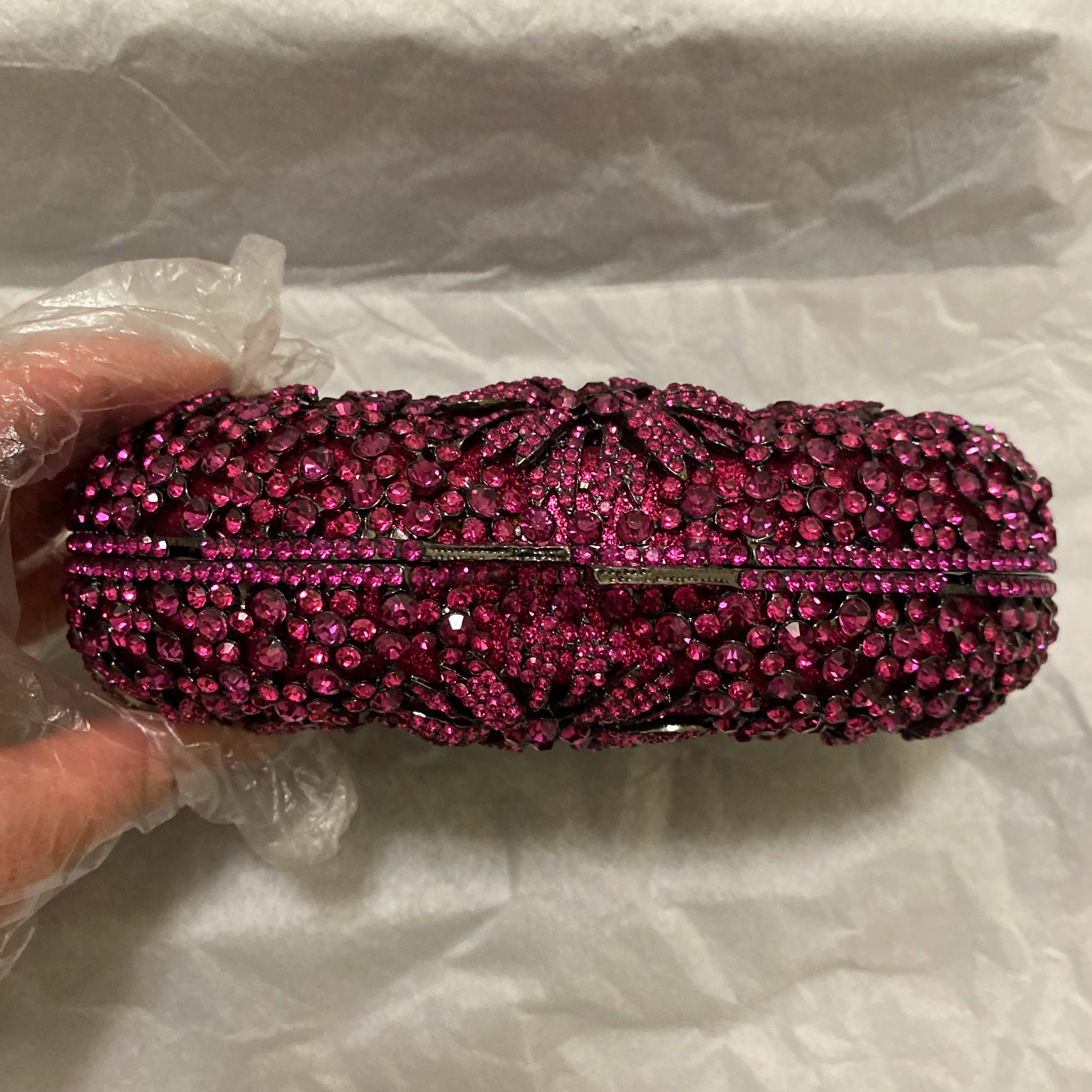 WHTUOHENG Oval Shape Fuchsia Diamond Floral Evening Clutch Women Pink/Purple Rhinestones Flower Girls Party Wedding CrystalPurse