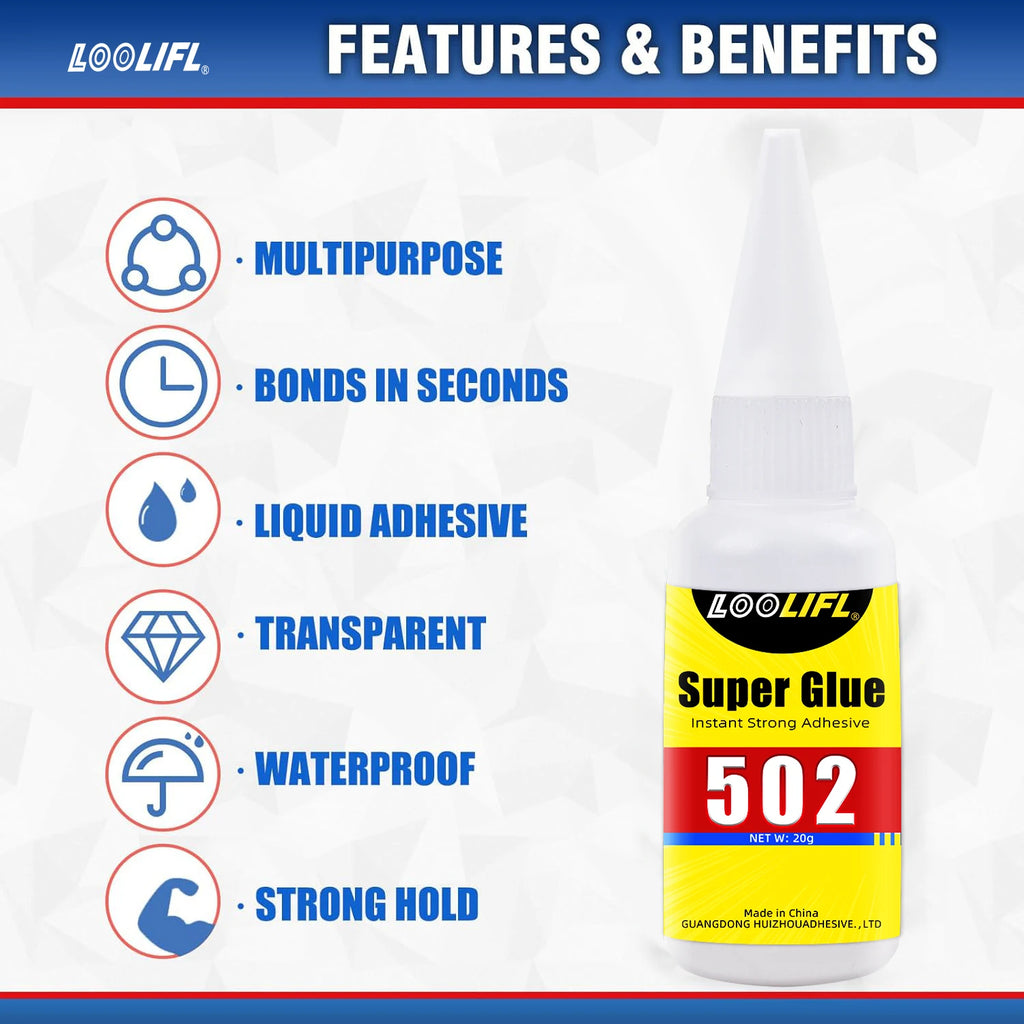 LOOLIFL 502 Glue 20g, Instant Strong Adhesive,High Strength,  Universal Super Glue for Metal, Plastic, Leather, Wood, Ceramics,