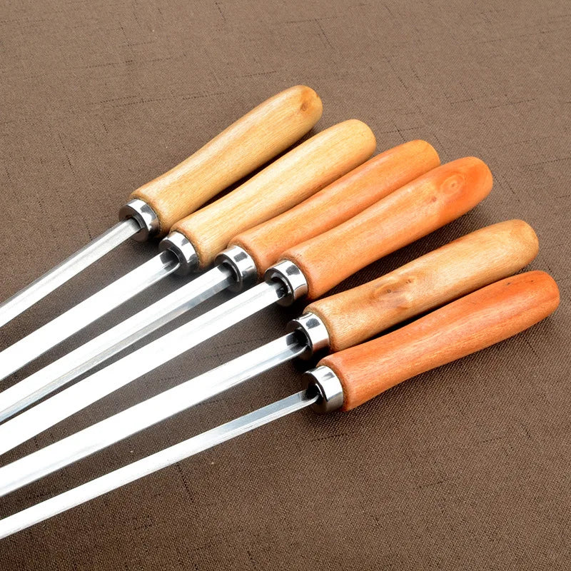6pcs BBQ Skewers 50cm V-type Long Handle Shish Kebab Barbecue Grill Stick Wood BBQ Fork Stainless Steel Outdoors Grill Needle