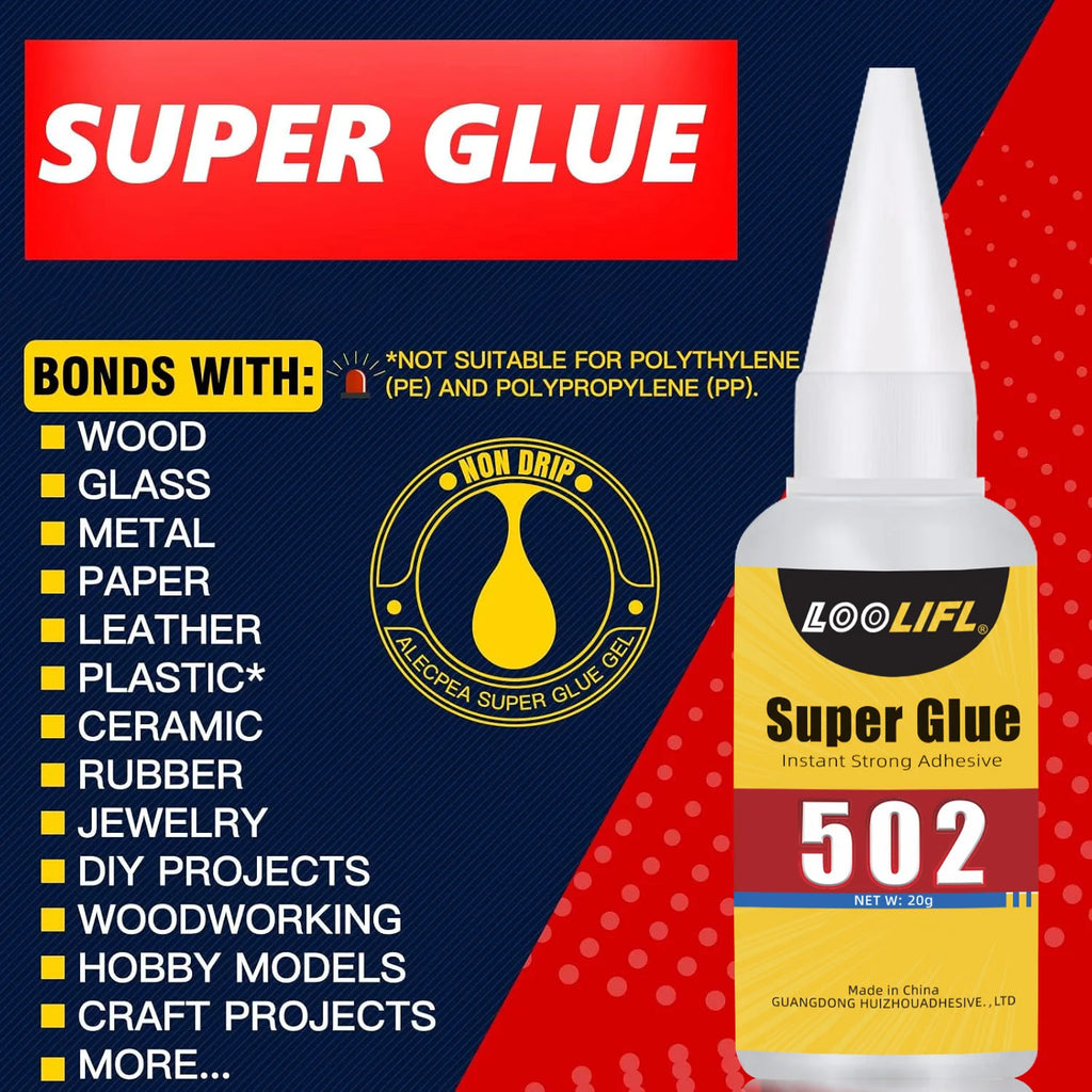 Loolifl 502 Super Glue 20g Instant Quick Dry Strong Cyanoacrylate Adhesive with Precision Nozzles Multi Purpose Household Repair