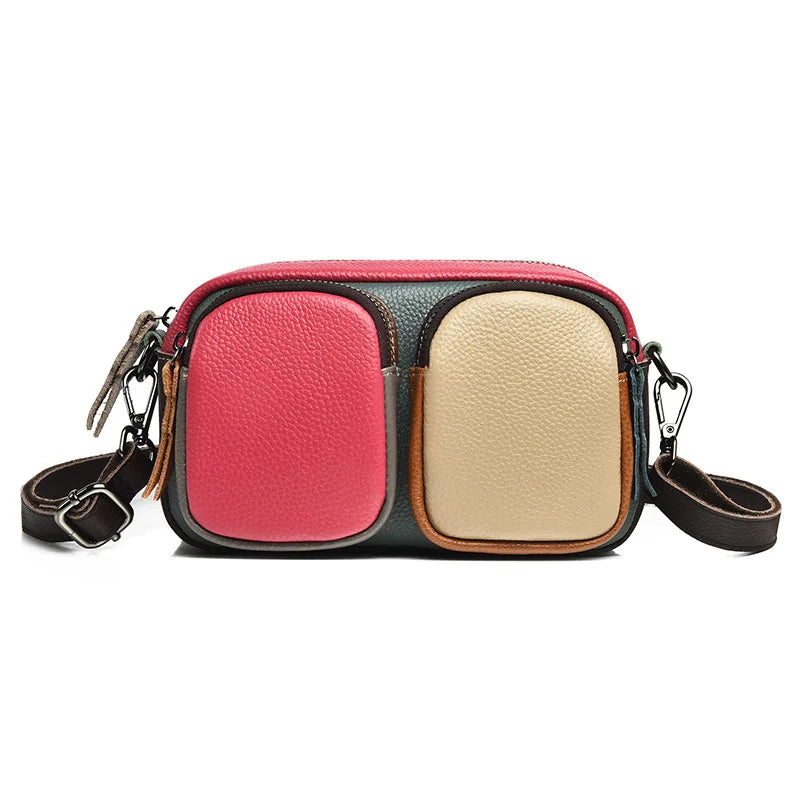 Women's color-blocking, large-capacity single-shoulder bag with top layer cowhide and multi-functional crossbody bag