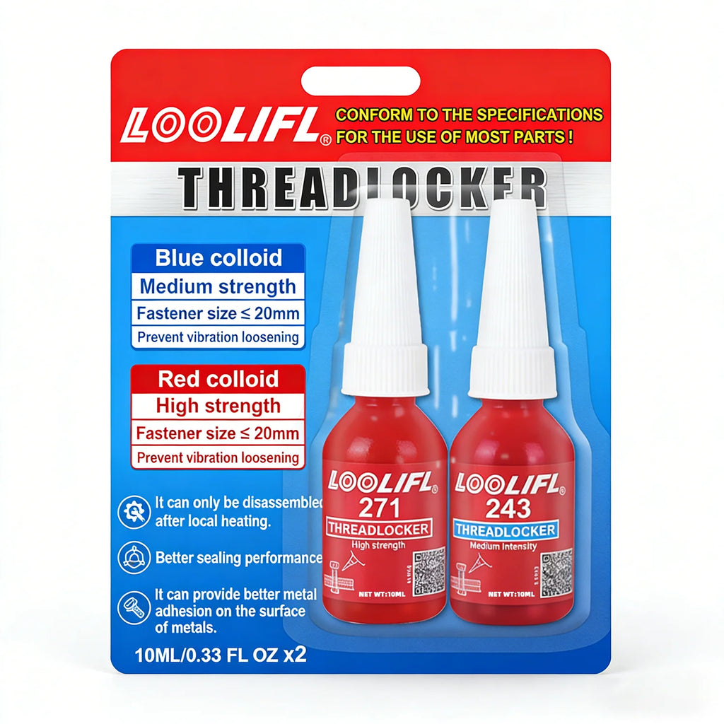 LOOLIFL 243 Medium 271 High Strength 10ml*2, Blue Red Thread Locking Adhesive for Metal Bolts Vibration Resistant Thread Sealant