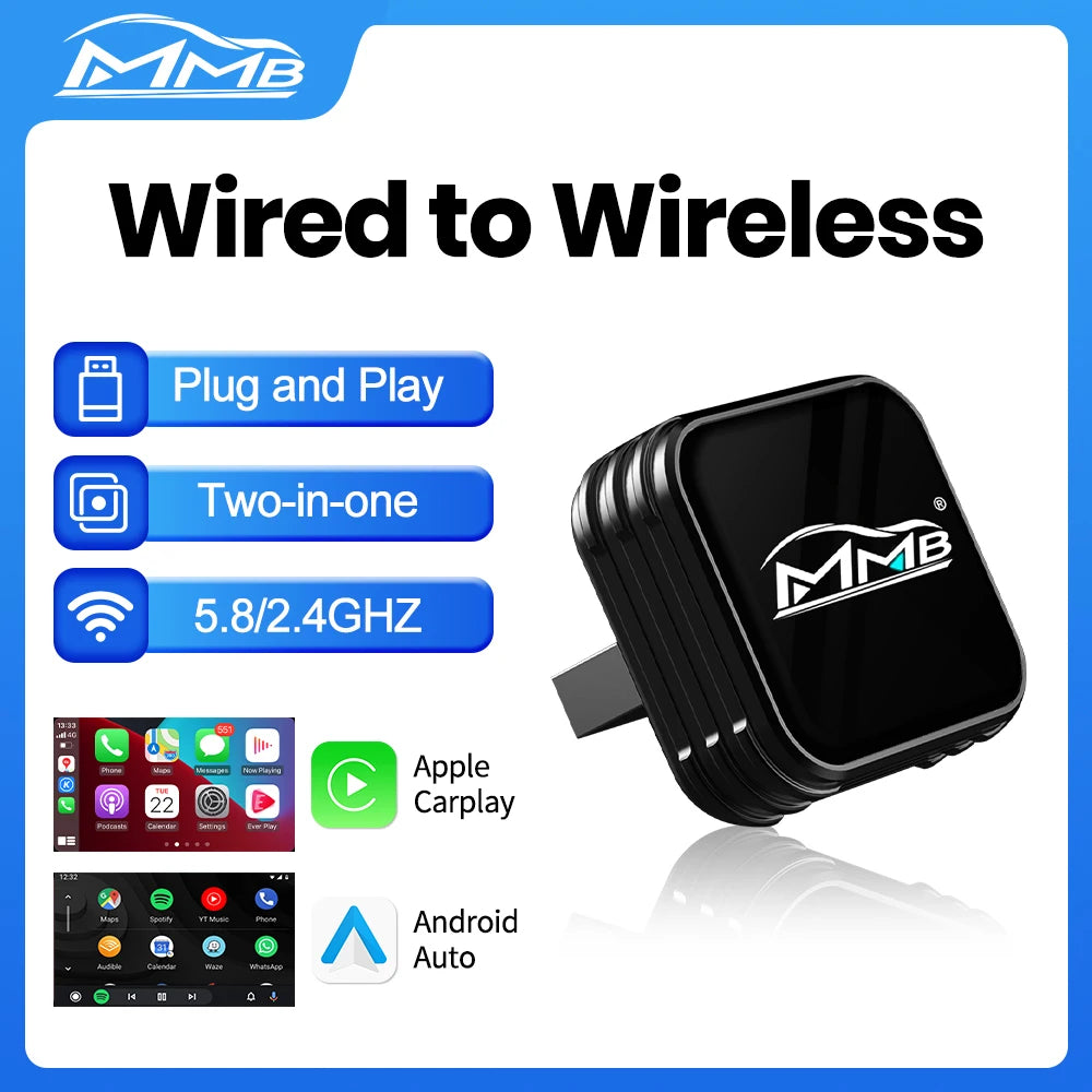 MMB Mini Ultra CarPlay Wireless Android Auto Adapter 2in1 USB Dongle for Totoya VW Chevrolet Hyundai Plug and Play Auto Connect