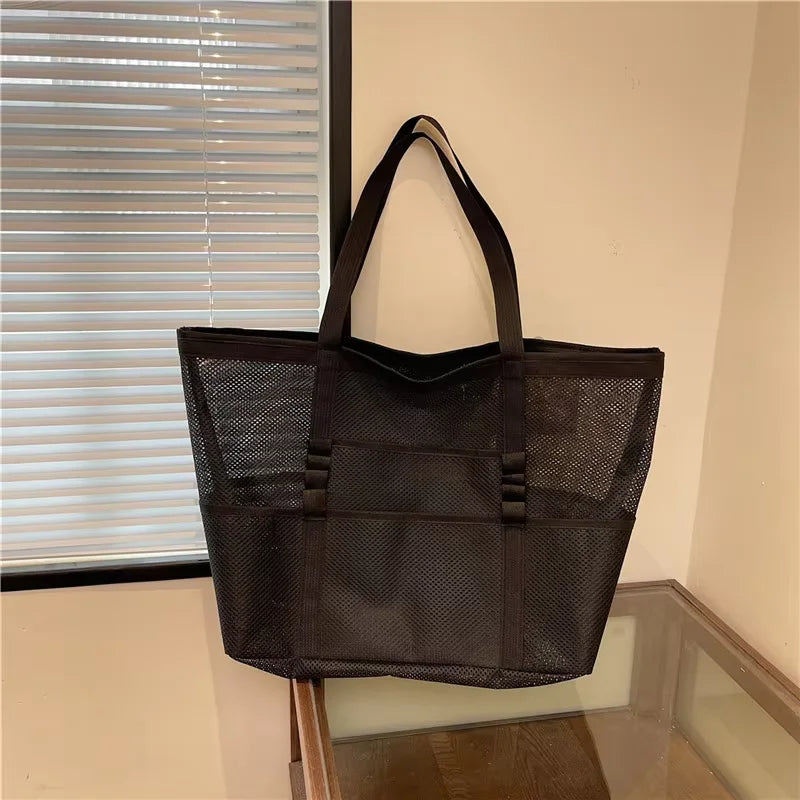 HOMEFISH Multipocket Summer Large Beach Bag For Towels Mesh Durable Beach Bag For Toys Waterproof Underwear Pocket Beach Tote