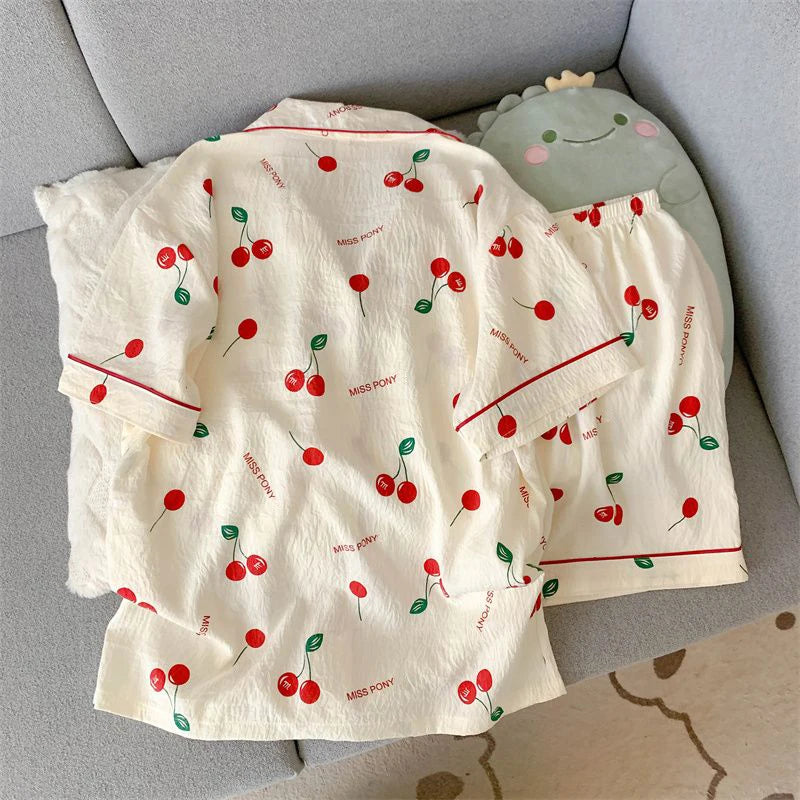 Women's Summer Pajamas, Thin Cherry-Patterned Short-Sleeved Shorts, Sweet and Cute, Can Be Worn Outside in Summer, Two-Piece Home Wear Set