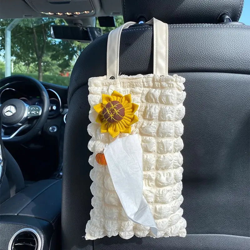 1PCS Cute 3D Flower Car Headrest Tissue Box, Seat Back Hanging Napkin Holder, Bubble Cloth Car Interior Vehicle Decor Accessory