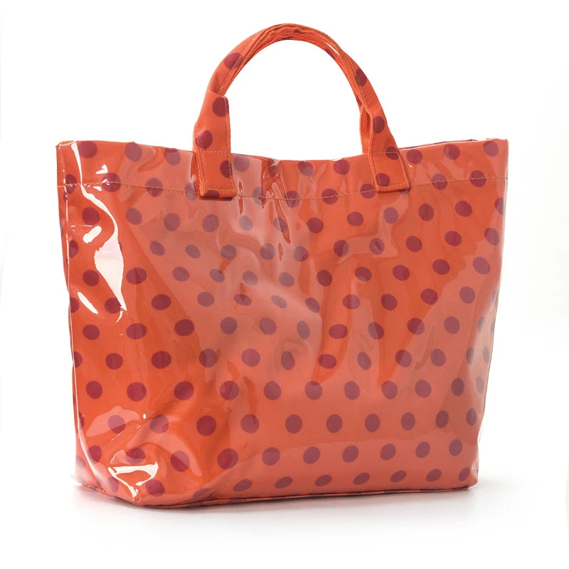 Korean Style Polka Dot Tote Bag PVC Waterproof Large Capacity Handbag Travel Shoulder Bag Shopping Portable Lightweight Casual