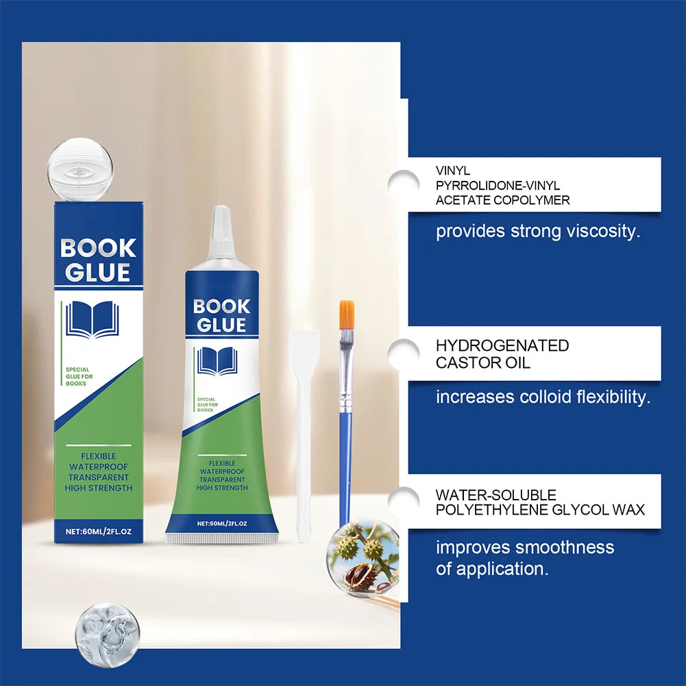 Book Repair Glue with Brush Professional Book Glue Strong Adhesive Quick-Drying Repair Glue for Envelopes Postcards Paper Craft