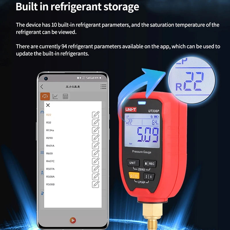 UNI-T Wireless Pressure Gauge UT336P -1 to 60bar Offline Data Logging for Refrigeration Heat Pump System Pressure Measurement