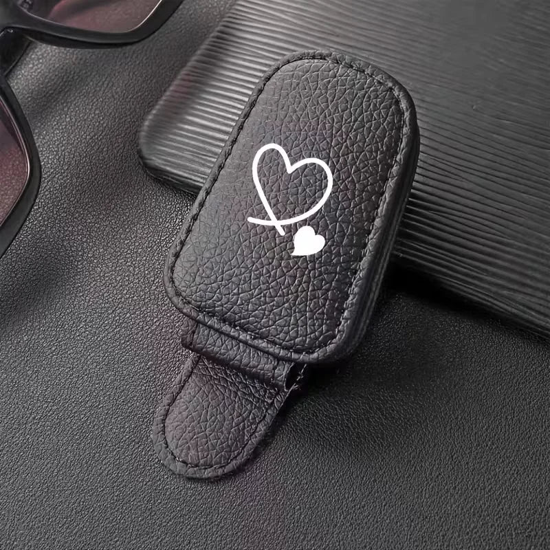 Cute Heart Car Sunglasses Clip, PU Leather Auto Sun Visor Glasses Holder, Universal Car Interior Storage Accessory