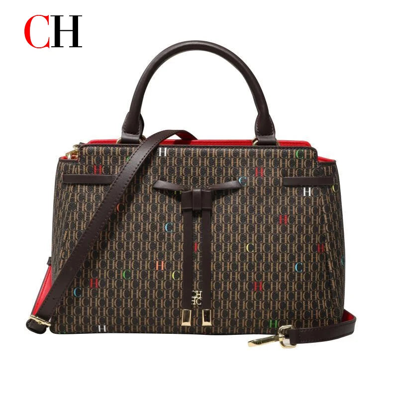 CH Women's Embossed Top Handle Handbag Elegant Bow Detail Shoulder Crossbody Bag Large Capacity Commuter Office Tote Purse