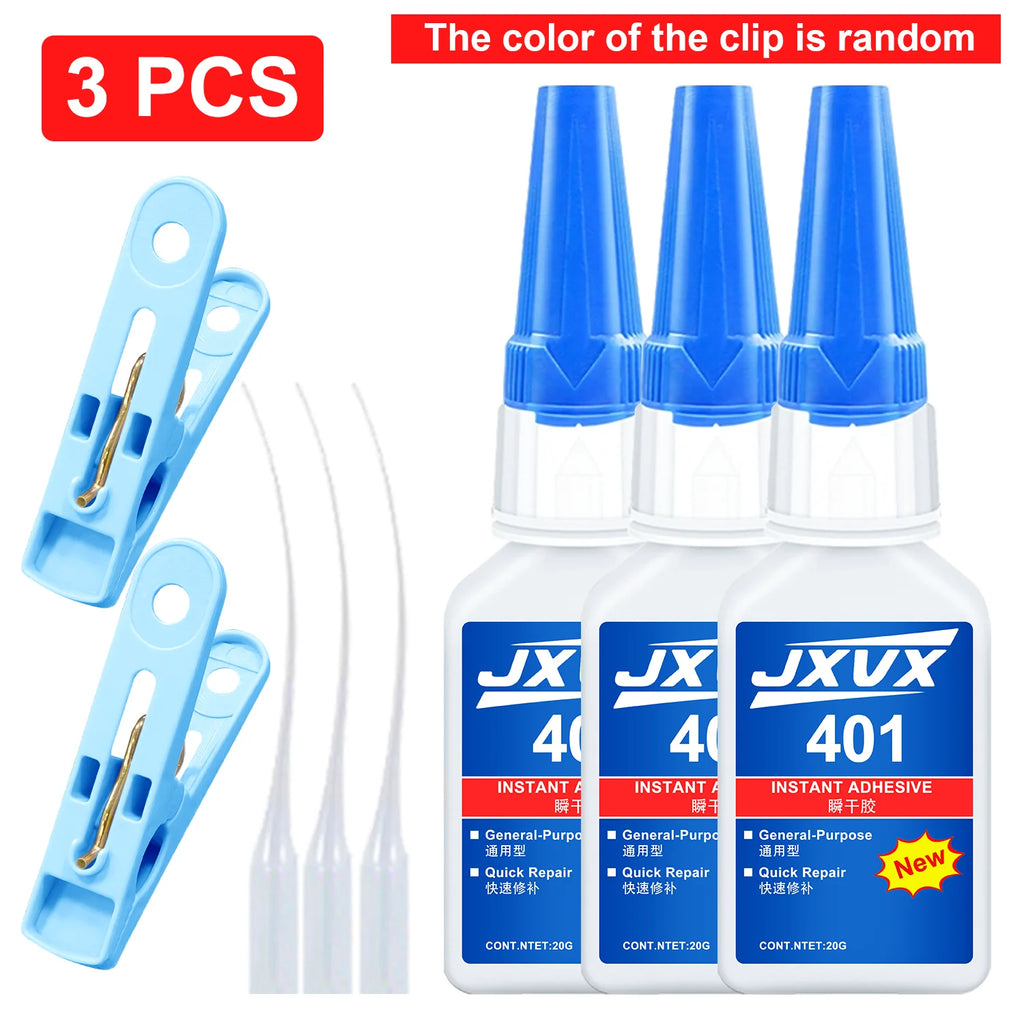 New and updated 401 super acrylate adhesive, instant drying in 5 seconds, waterproof, good stability, full bonding tool. Suitable for wood, plastic, ceramics, metal, rubber and so on.