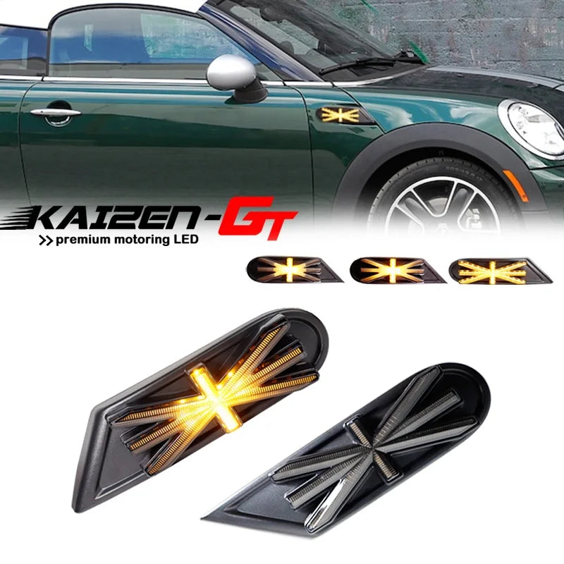 Sequential Amber LED Union Jack Style Front Side Marker Turn Signal Lights For MINI Cooper R55 R56 R57 R58 R59 Fender Flare Lamp