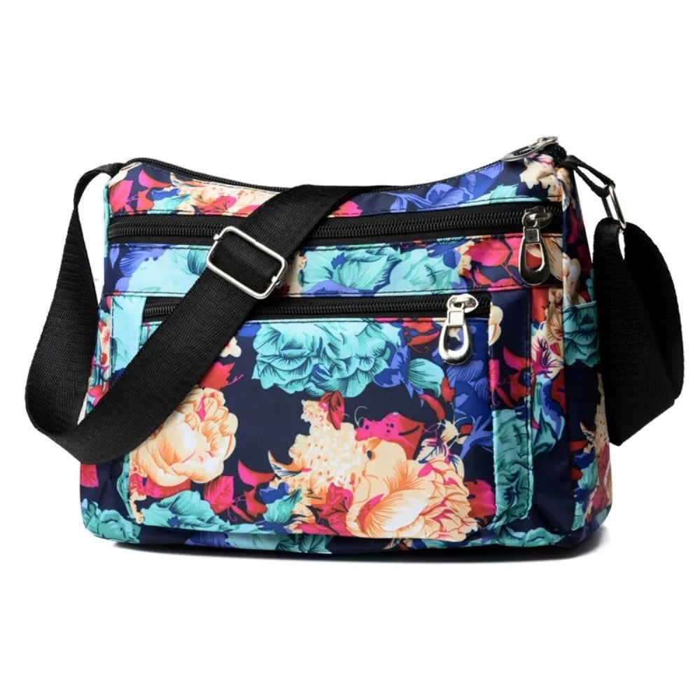 Fashion Nylon Women Shoulder Bag Floral Printed Large Capacity Messenger Bag Waterproof Multi-layer Pocket Handbag Mom