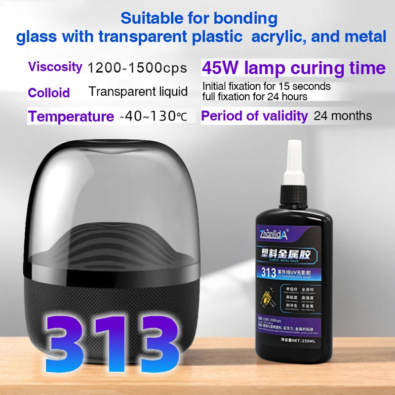 UV Shadowless Glue For Plastic Metal Crystal Clear Traceless 313 Super Glue Adhesive Bonded Acrylic Decorate Trophie Fast Curing