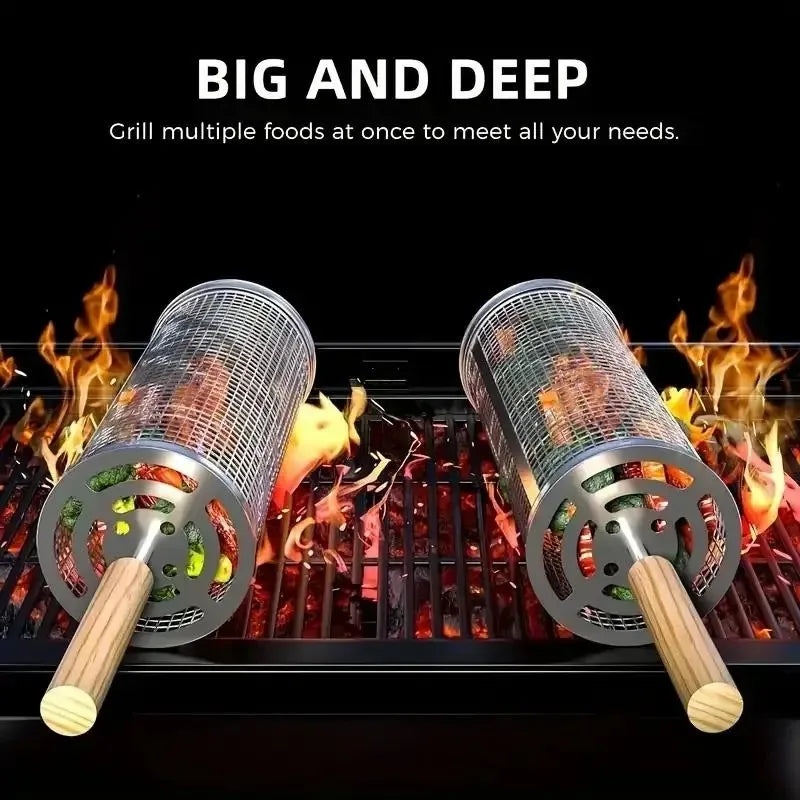 1pcs Outdoor Camping BBQ  Round Cylinder Grill Basket Stainless Steel Rolling Mesh Rack for Barbecue Food Cooking