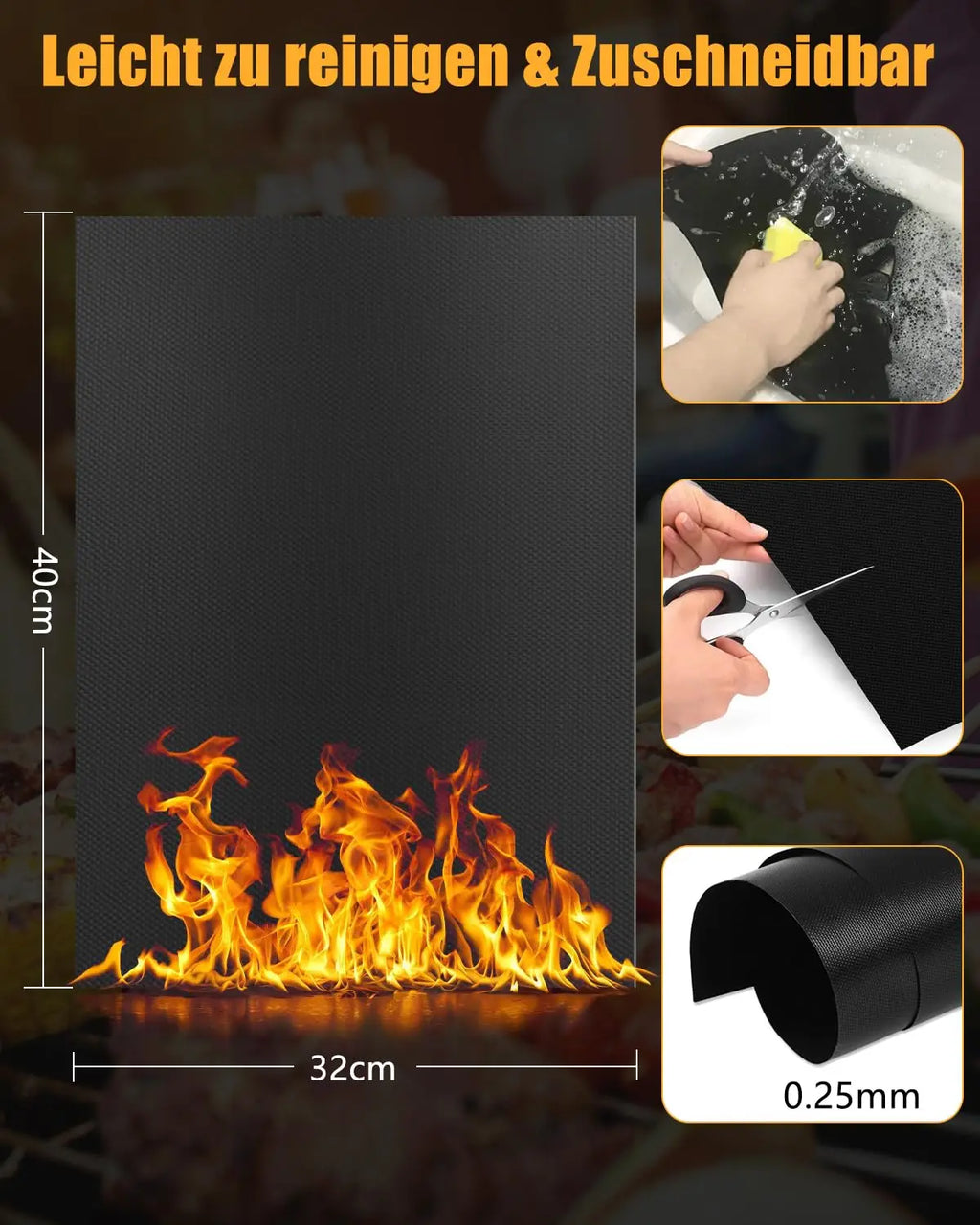 5-Pack BBQ Grill Mats (40x32cm) - Non-Stick Teflon, PFOA-Free, Reusable for Gas/Charcoal Grills & Baking