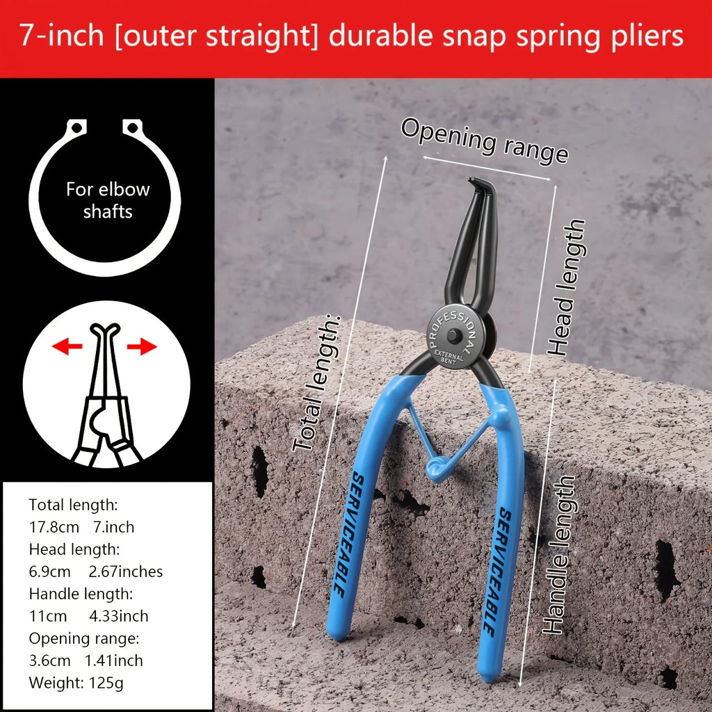 Snap Ring Pliers, 7-Inch Heavy Duty Internal/External Circlip Pliers with Straight & Bent Jaw Tips, Spring-Loaded