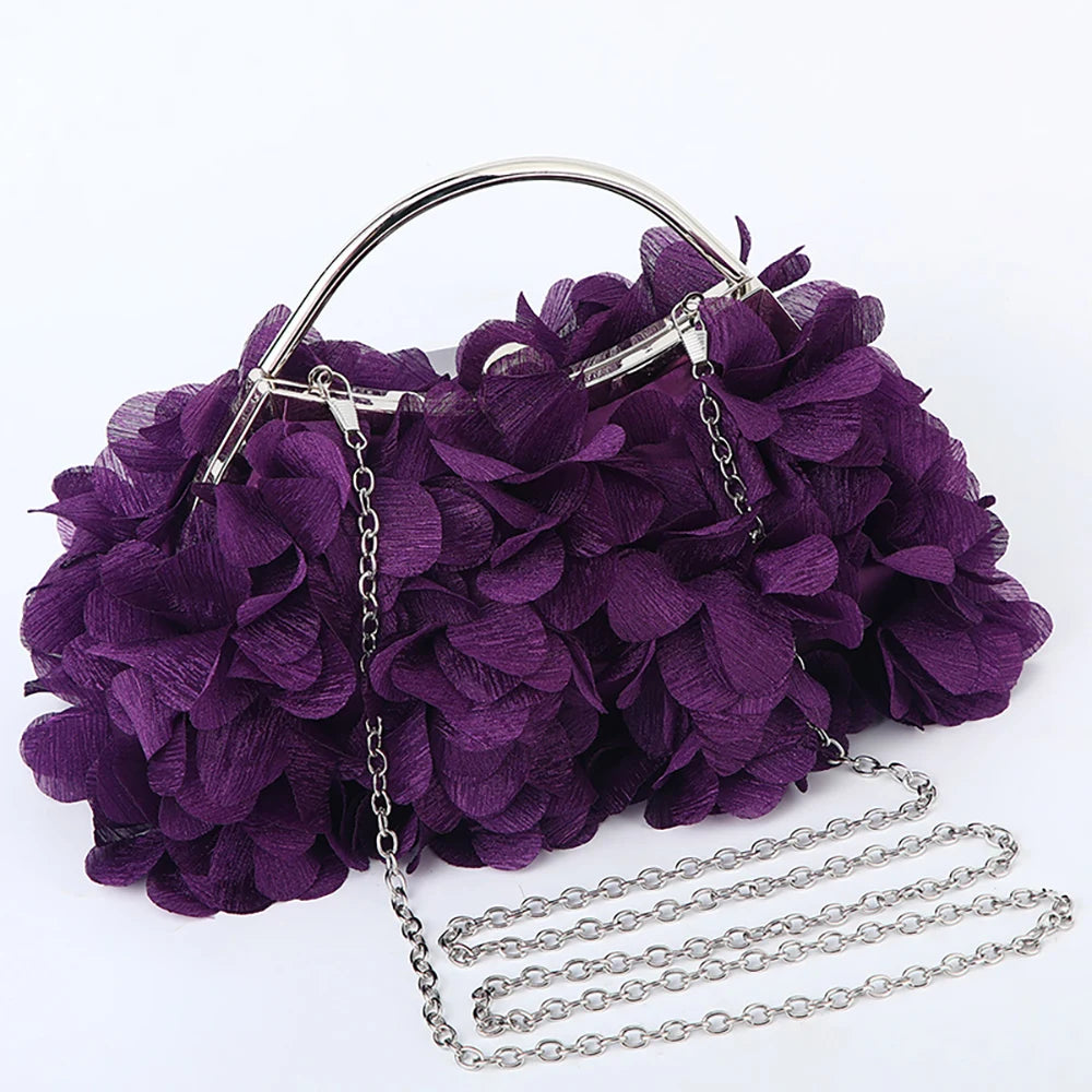 Flower Evening Clutch Purse Sweet Style Floral Wedding Romantic Bridal Handbag Metal Handle Banquet Dinner Dress Bags with Chain