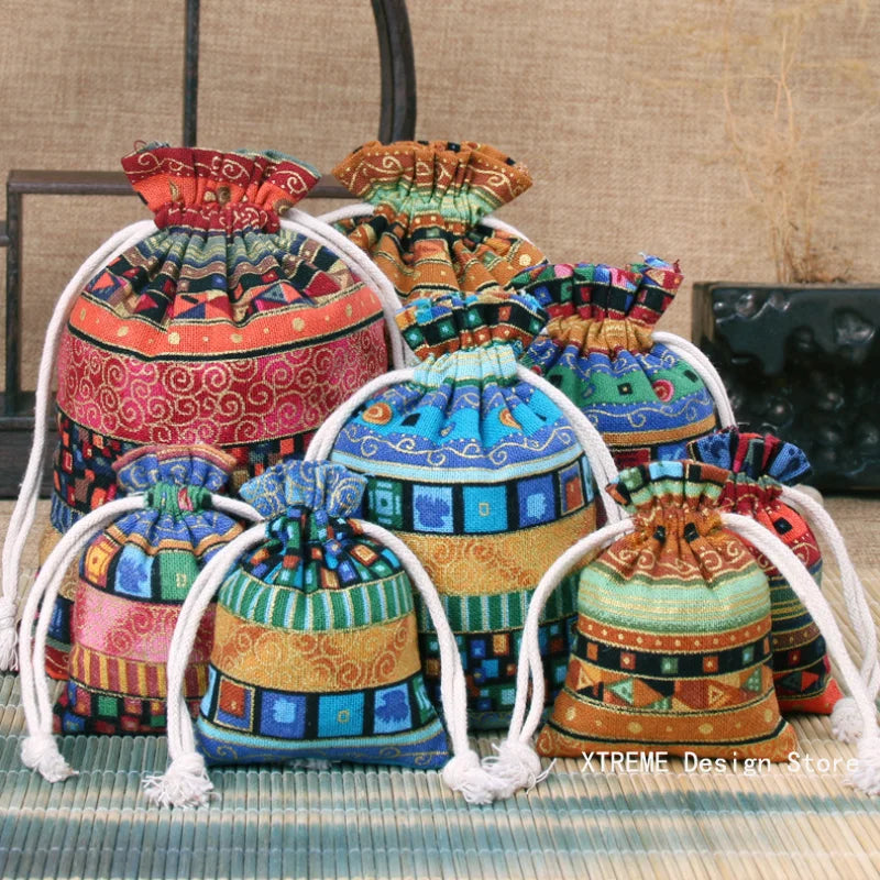1PC Ethnic Style Cotton Linen Drawstring Pocket Bag Buddhist Beads Storage Bag Jewelry Coin Purse Bag Small Things Sorting Bags