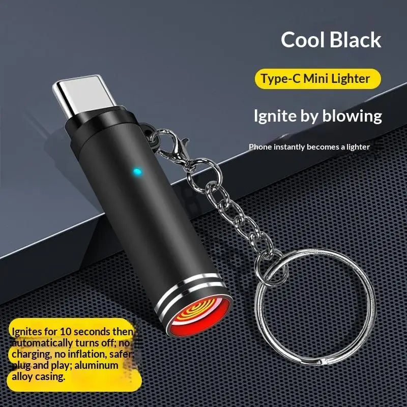 Type C Mini Lighter Blow-to-Ignite Auto Shut-Off For Air Travel Outdoor No Battery No Flame Portable Safety Lighter Adapter