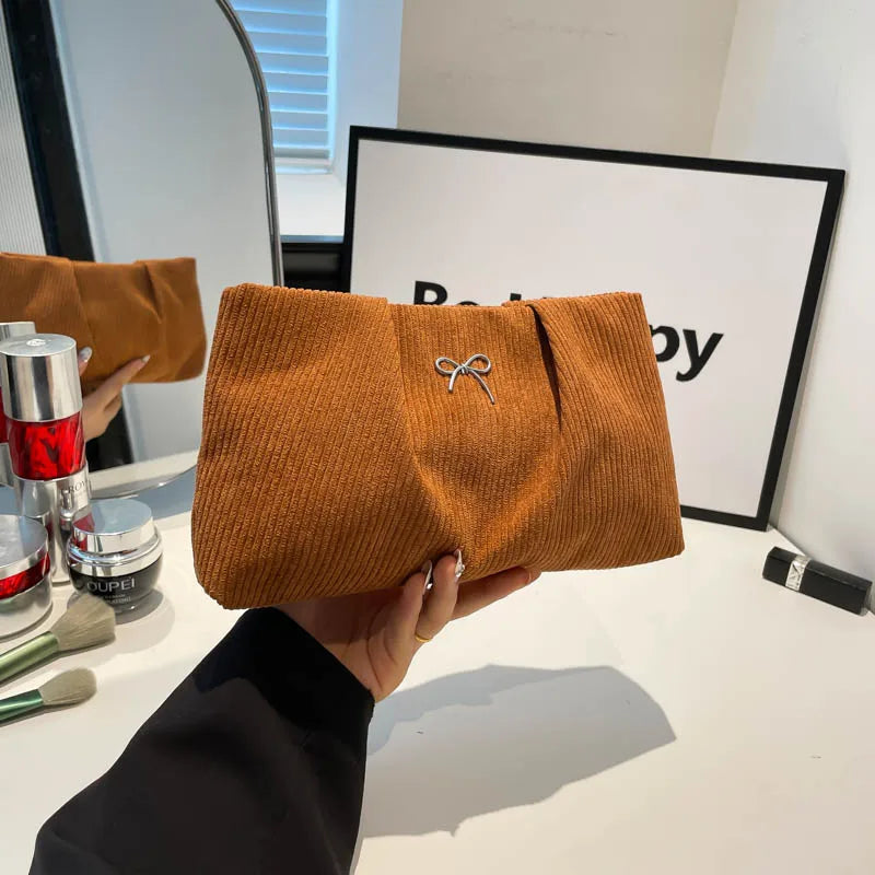 Bow Decoration Corduroy Women's Bag Female Large Capacity Cosmetic Bag Fashion Clutches Purse For Women