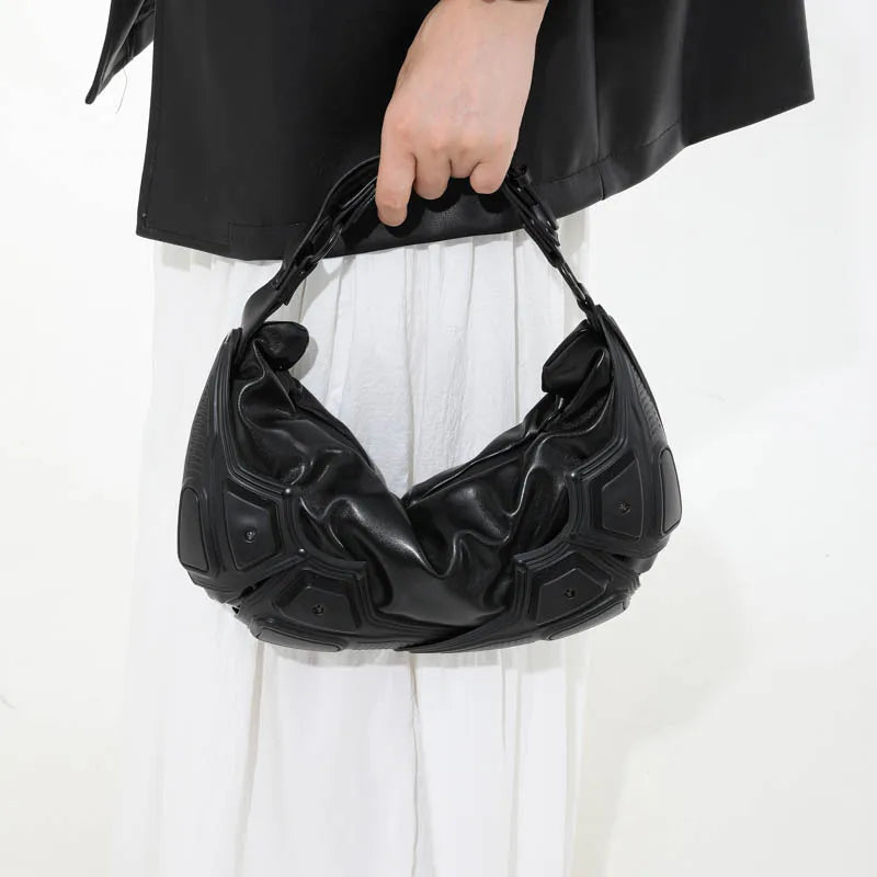 American Motorcycle Style Dumpling Armpit Bag For Women Casual Fashionable High Street PVC Splicing PU Pleated Crossbody Bags