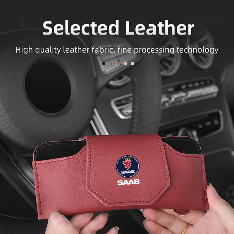 Magnetic Leather Storage Sunglasses Case Car Sun Visor Holder For SAAB Turbo X Monster 9-2X GT750 92 Sweden Decal