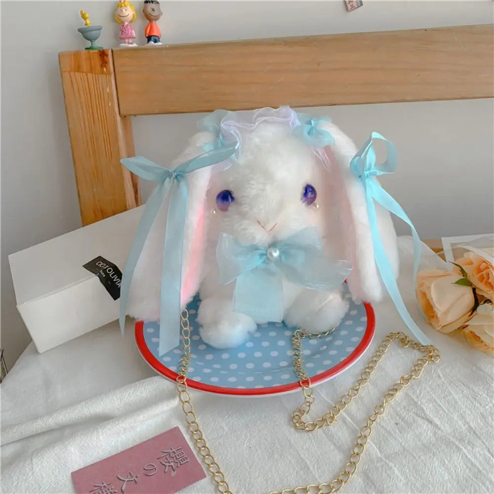 New Cute Bunny Plush Bag Lolita Shoulder Bag Kawaii Princess Sweet Pearl Chain Crossbody Bags Long-eared Rabbit Purse