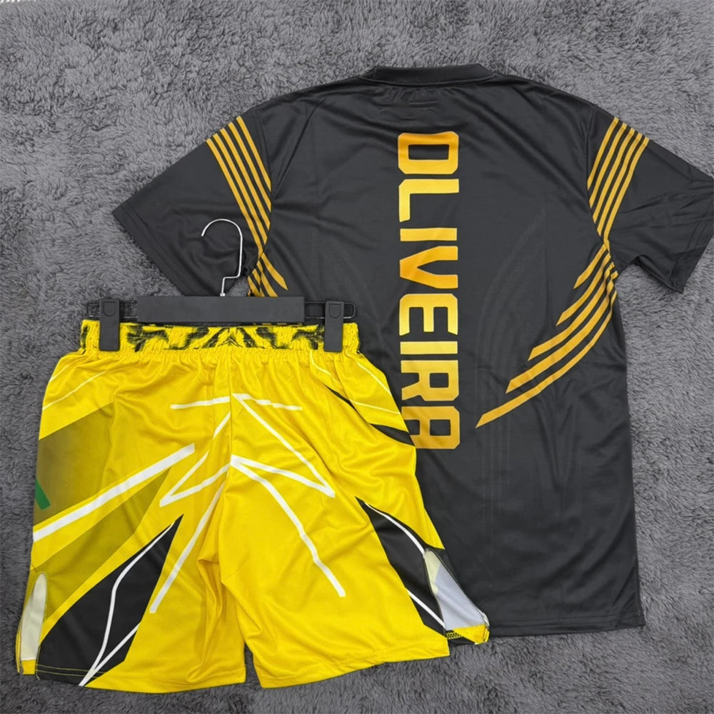 Summer Charles Oliveira MMA Yellow Edition Boxing Fighting Tee Shorts Men Quick-Dry Jersey Wrestling Running Sweat Absorbing Set