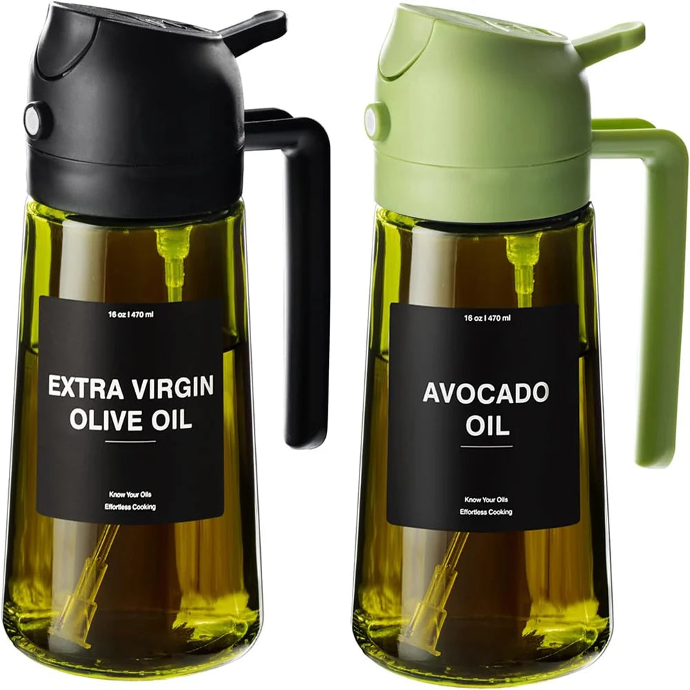 470 ML Oil Sprayer for Cooking, 2-in-1 Olive Oil Dispenser and Oil Bottle with Stickers, Thick Glass Spray Bottle