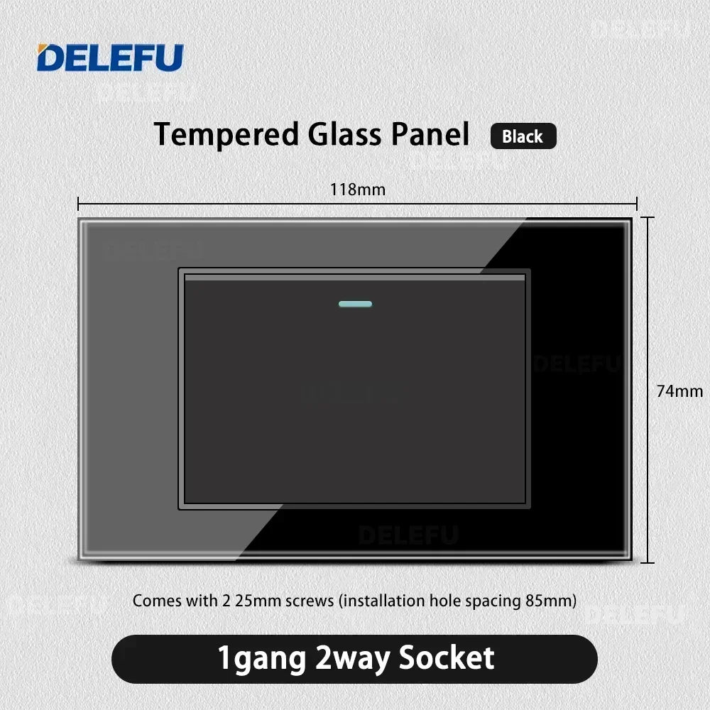 DELEFU Black Tempered Glass Israel USB Type C Fast Charging Wall Socket Light Tuya Wifi Smart Switch Sat TV Tel Doorbell Curtain