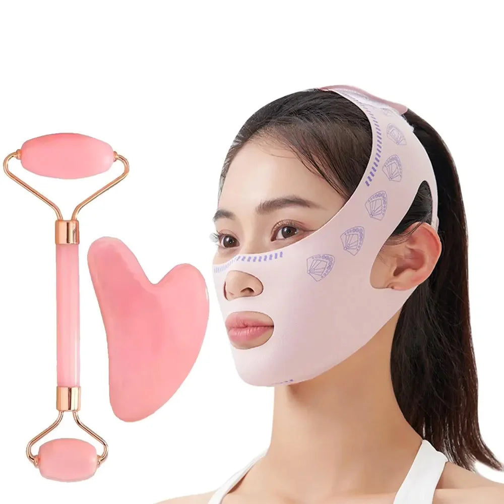 3-Piece Face Sculpting Mask&Face Massage Roller&Gua Sha Tool,Reusable AdjustableV-shaped Face Bandage,Portable Body Massage Tool
