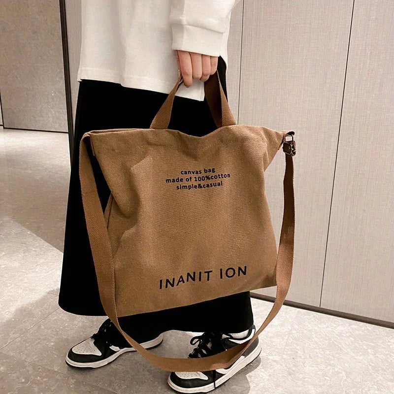 Retro Letter Print Tote Bag, Trendy Canvas Crossbody Bag, Literary Shoulder Bag For School Work Travel